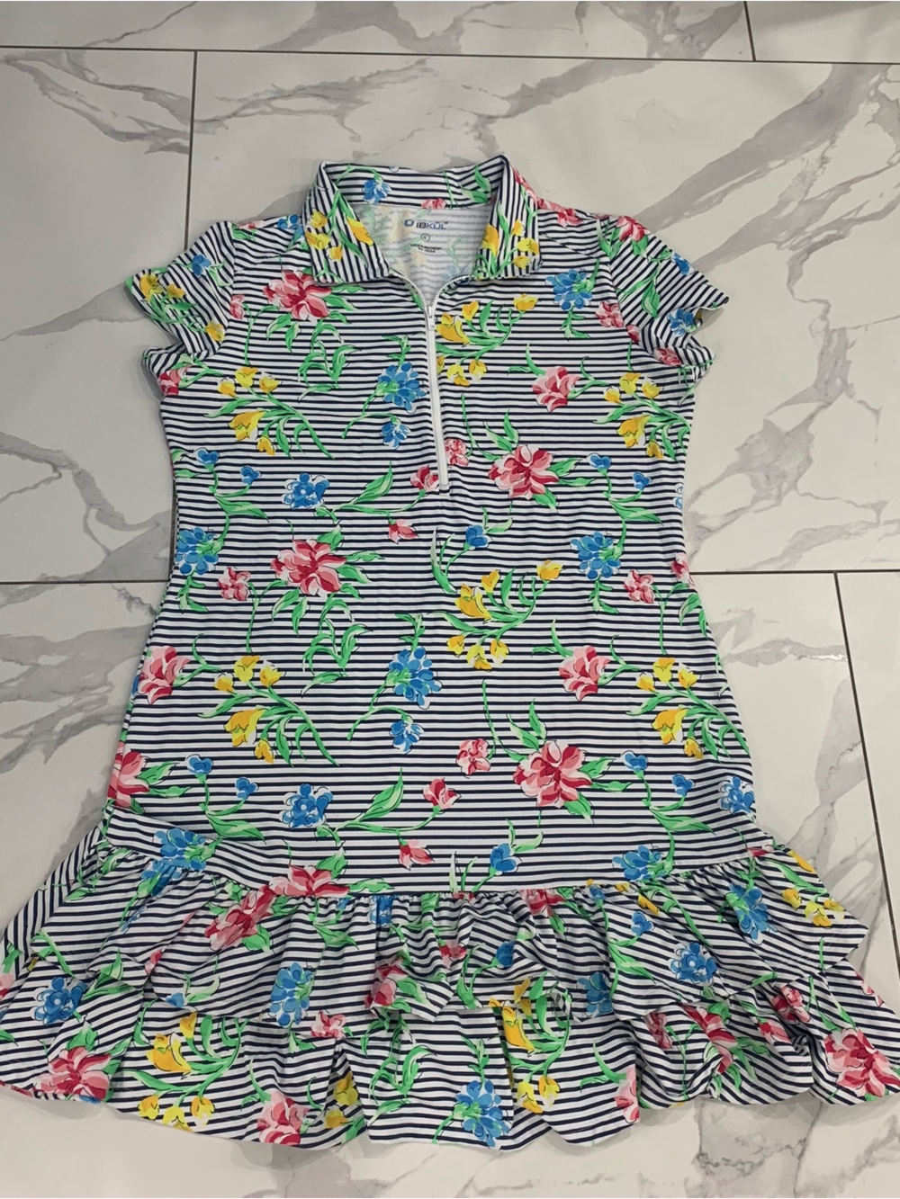 IBKUL Dress  Large Coquette Ruffle Blue/Pink Short Sleeve Golf Tennis Pickleball